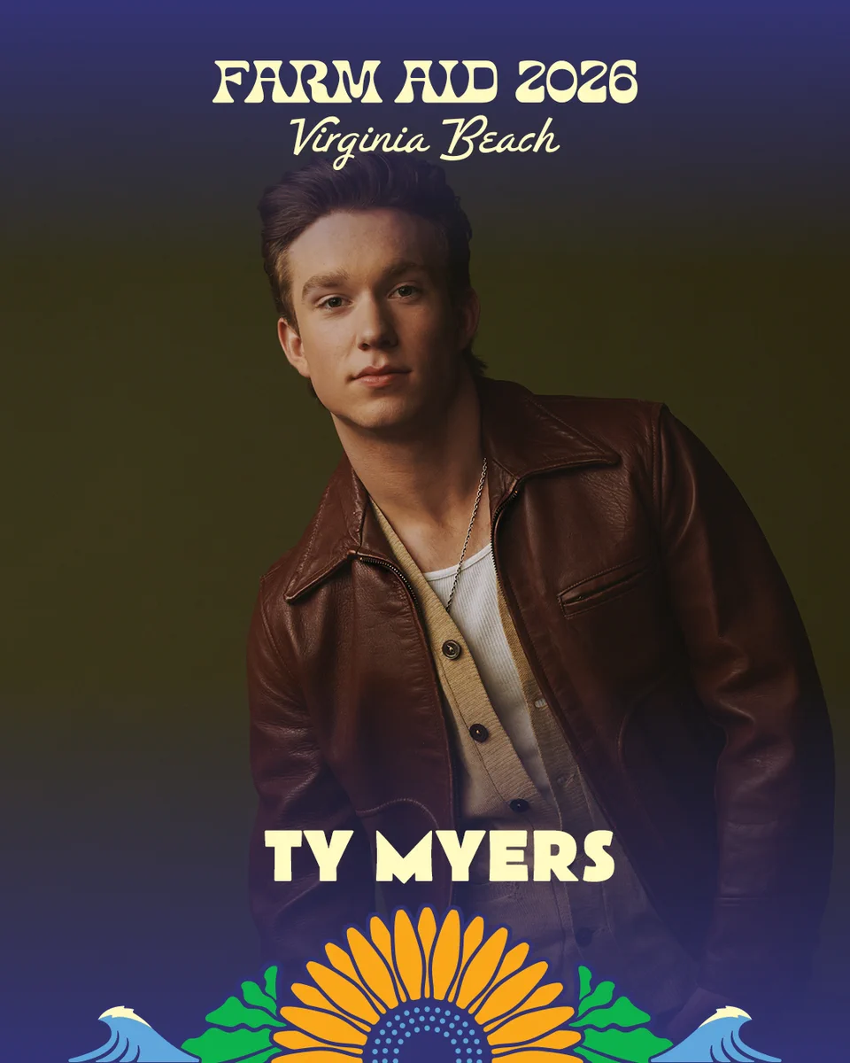 Photo of Ty Myers with a digital frame that reads "Farm Aid 2026, Virginia Beach, Ty Myers"
