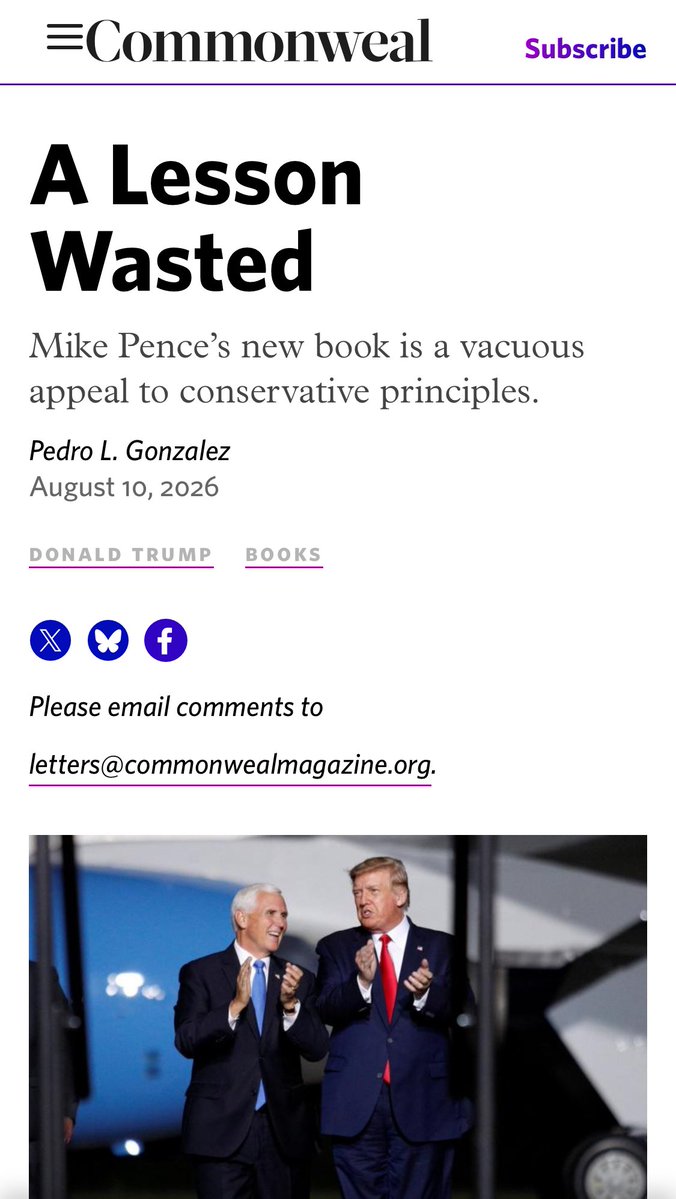 emeriticus's tweet photo. On its face, Mike Pence's new book, "What Conservatives Believe," is a manifesto that calls on Americans to return to what Pence considers the roots of conservatism in order to combat both progressivism and right-wing populism, which he sees as mirror images of each other. Beneath the surface, though, there is also an attempt by Pence to absolve himself and the conservative movement of complicity in the disaster of Trumpism. Reading it, you come away concluding that Pence, like the conservative movement, is not interested in real introspection, and that is why the attempts to retake control of the GOP from Trump are doomed. My review for @commonwealmag: