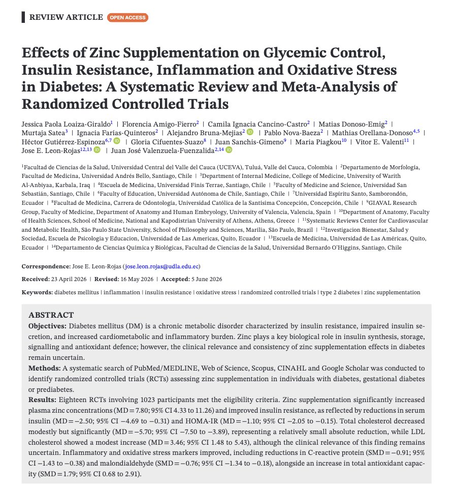 foundmyfitness's tweet photo. Zinc supplementation improved insulin resistance, inflammation, and oxidative stress in people with diabetes or prediabetes, even though it didn't clearly lower blood glucose.

This fits with the biology of zinc. Inside the pancreas, it helps insulin molecules assemble into compact structures so they can be safely stored and released when blood glucose rises. Zinc also supports insulin signaling and antioxidant defenses, both of which can become disrupted in diabetes.

This doesn’t mean everyone should supplement. Any benefit may depend heavily on whether someone is getting enough zinc in the first place, while excessive zinc intake carries risks of its own (like interfering with copper absorption).