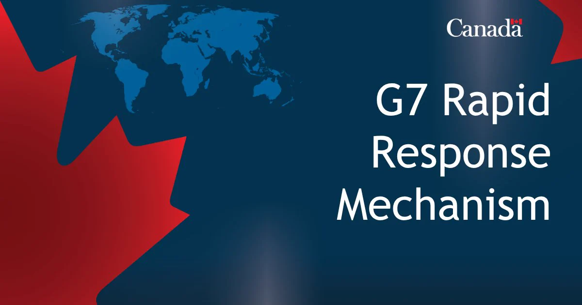 Image of the map of the world, with half of the maple leaf, and the Canada logo, with the following text overlayed:  G7 Rapid Response Mechanism.  