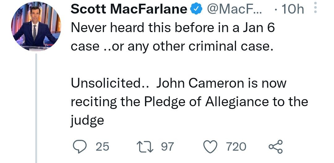 johnrockshomes's tweet photo. I am a J6er.

I recited the Pledge of Allegiance to my Judge.  Right before he sentenced me to prison for illegal picketing.

You know why?
My first response is because fvck him...but I truly wanted him to understand how I felt that day.

Judge Hogan cast down an illegal SPLIT sentence of prison AND probation which was ruled unconstitutional as cruel and inhumane for such a minor offense as a Class B petty offense.

Scott MacFarlane
@MacFarlaneNews is as big a communist mouthpiece as there is in the world, so, of course, he couldn't believe and is offended when Anyone loves the USA.

God Bless rhe J6ers.
