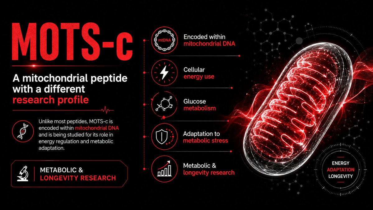 Peptides_Info's tweet photo. MOTS-c is different from most peptides: it is encoded within mitochondrial DNA.

Research connects it to cellular energy use, glucose metabolism and adaptation to metabolic stress — making it an interesting target in metabolic and longevity research. https://t.co/lqN1veadiR
