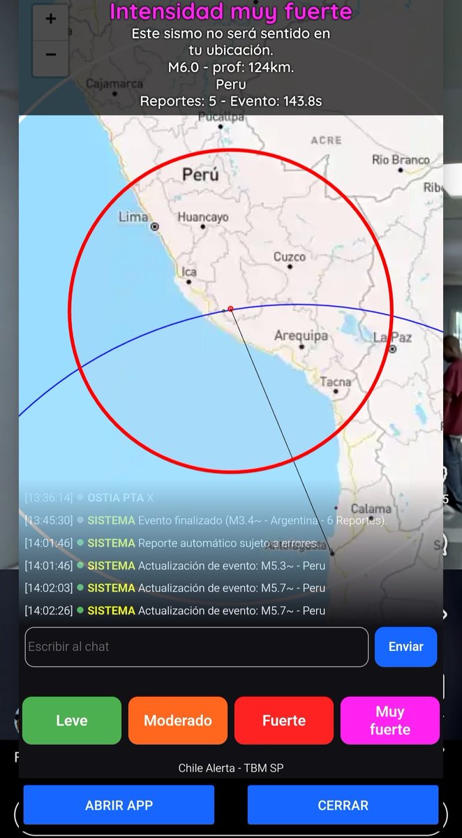 ChileAlertaApp's tweet photo. #Sismo se registra en #Peru 
Magnitud estimada 6.0

#lima #temblor https://t.co/OtfecebpkG