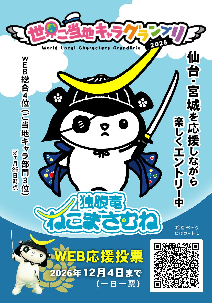 nekomasamunecom's tweet photo. きょうもみなさんの応援でWEB総合４位からスタートできます！　世界中のキャラクターを愛するみなさんにたくさんの幸せが訪れますように　#世界ご当地キャラグランプリ #独眼竜ねこまさむね　https://t.co/idwya7YtUh https://t.co/vILUg85jPz