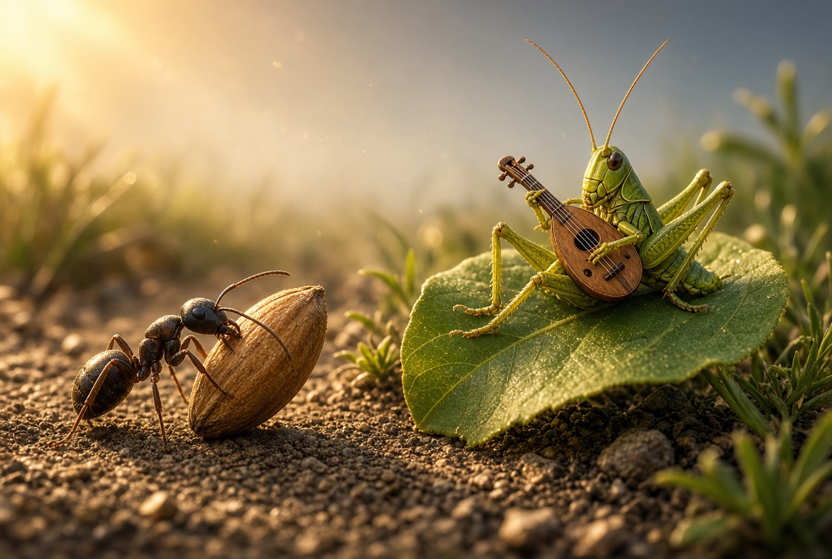 AFableDaily's tweet photo. Have you ever watched someone live only for the moment… while the quiet ones prepare for what’s coming?
In Aesop’s fable The Ant and the Grasshopper, a hardworking ant spends the entire summer gathering and storing food under the hot sun. Nearby, a carefree grasshopper sings, dances, and laughs at the ant’s endless labor. When winter arrives with bitter cold and empty fields, the grasshopper is starving and freezes at the ant’s door. 1/3