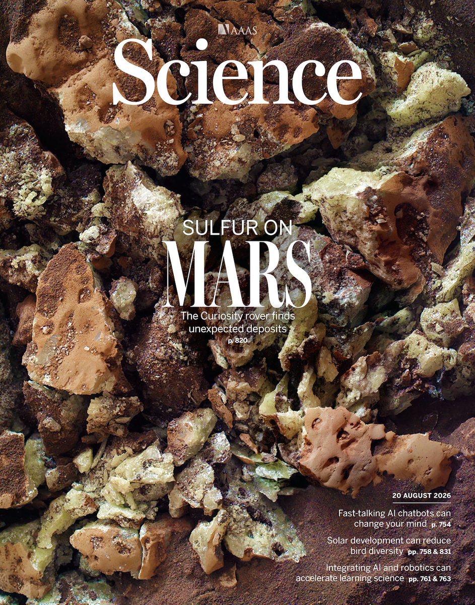 ScienceMagazine's tweet photo. This fist-sized rock on the surface of Mars has been cracked open by the weight of the Curiosity rover driving over it, revealing a yellowish interior of crystalline sulfur. 

The rock is part of a deposit of native sulfur, which has been preserved for three billion years. It is interpreted to have been formed by the eruption and solidification of a subsurface sulfur-rich vapor.

Learn more this week in Science: https://t.co/qnDmEKctkK