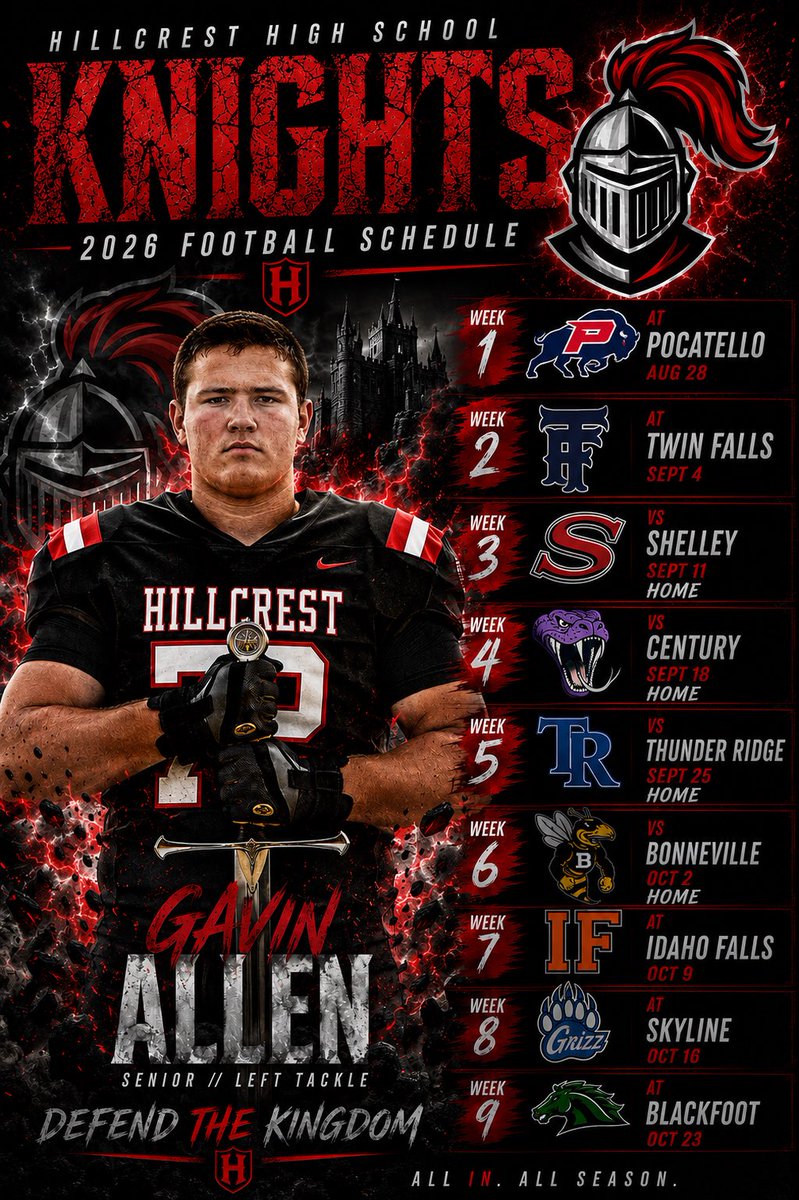 GavinAllen_2027's tweet photo. The schedule is out and the team is locked in!
Mark your calendars and come watch your Hillcrest Knights defend the kingdom!
@HoldinMoss @IdahoRecruitHub @PrepRedzoneID @tackTIX @NwFBRecruits
#idahoprepfootball #IDHSFB #FridayNightLights https://t.co/3ga04kzA7e