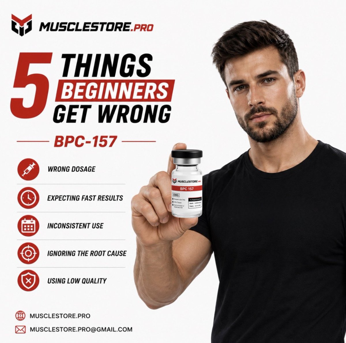 MusclestorePro's tweet photo. 5 mistakes beginners make with BPC-157

❌ Wrong dosing assumptions
❌ Expecting instant results
❌ Inconsistent use
❌ Ignoring the underlying issue
❌ Using questionable-quality products

#Musclestorepro #BPC157 #Peptides #PeptideEducation #FitnessEducation #Bodybuilding #USA https://t.co/8pXDltTixH