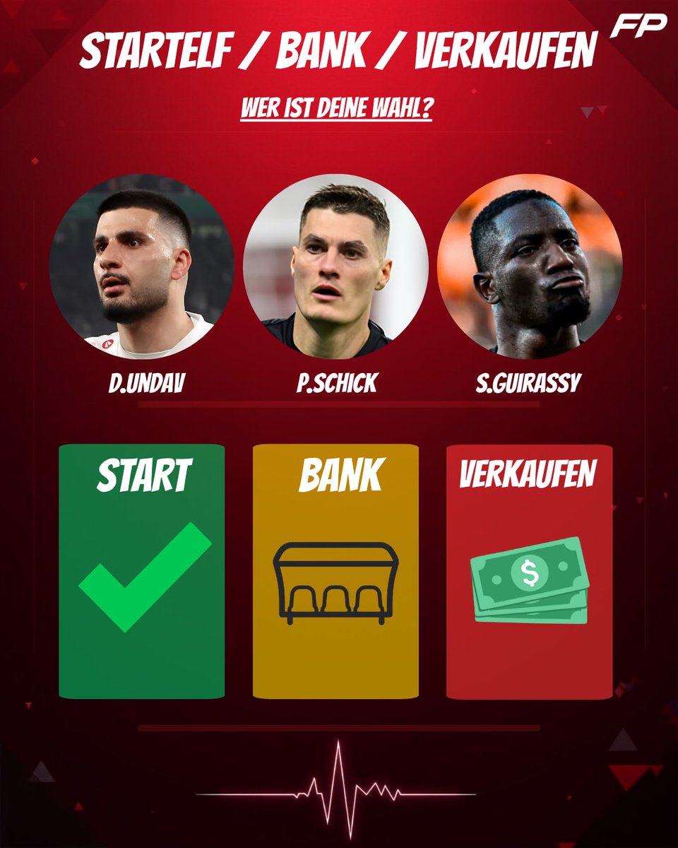 FootPulseDE's tweet photo. STARTELF, BANK, VERKAUFEN! ⚽🔥
Undav, Schick, Guirassy — du musst dich entscheiden!
Wer spielt von Anfang an, wer setzt sich auf die Bank und wen verkaufst du? Ab in die Kommentare damit! 👇
#bundesliga #fussball #undav #schick #guirassy https://t.co/W5LTej4e9n