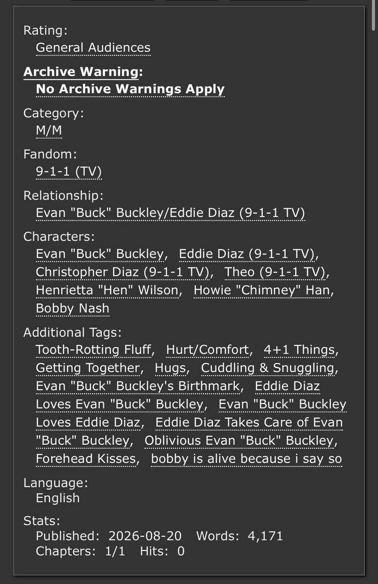 goodpupbuck's tweet photo. ITS HERE 

4 times buck  drops his weight on eddie without explanation and 1 time eddie asks why 

• tooth-rotting fluff ow
• getting together
• they are so in love with each other it hurts
• buck is eddies baby
• its so soft. they are so soft. 

https://t.co/miKAUtHdEJ https://t.co/lWTxt2CtRH