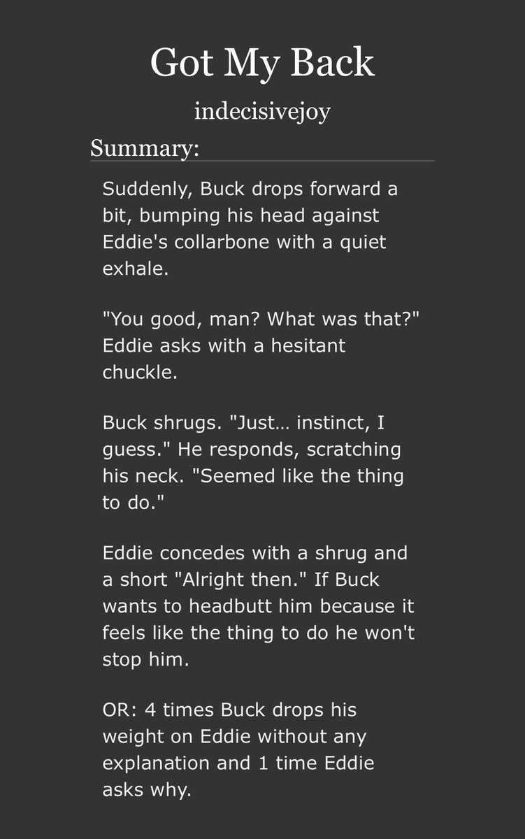 goodpupbuck's tweet photo. ITS HERE 

4 times buck  drops his weight on eddie without explanation and 1 time eddie asks why 

• tooth-rotting fluff ow
• getting together
• they are so in love with each other it hurts
• buck is eddies baby
• its so soft. they are so soft. 

https://t.co/miKAUtHdEJ https://t.co/lWTxt2CtRH