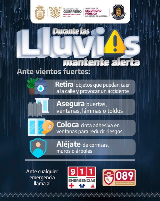CuidaTv's tweet photo. En temporada de lluvias, prevenir es la clave. Si hay presencia de vientos fuertes es importante: asegurar objetos en patios y balcones (macetas, láminas, tinacos, etc.) poda árboles con ramas secas o débiles, asegura puertas y ventanas.

¡No te arriesgues! #EnGuerreroPrevenimos https://t.co/CfqmNmMY6A