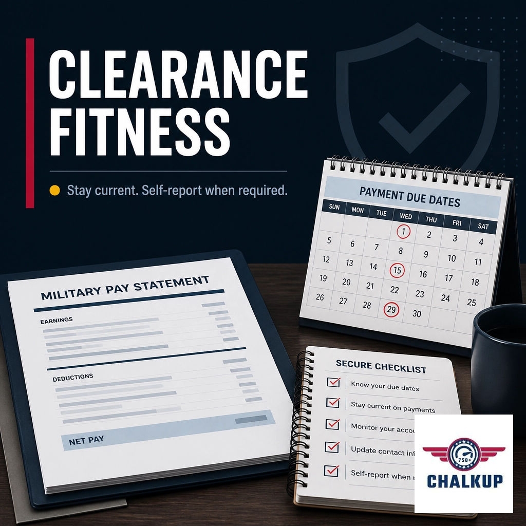 ChalkUp_LLC's tweet photo. E-1–E-4: Continuous Vetting reviews financial data. SEAD 3 may require debt reporting. Stay current. June Blitz: 50% off first 50 signups; $0 upfront fees. This is for educational purposes only and does not constitute legal advice. https://t.co/HN69gpHFdh
