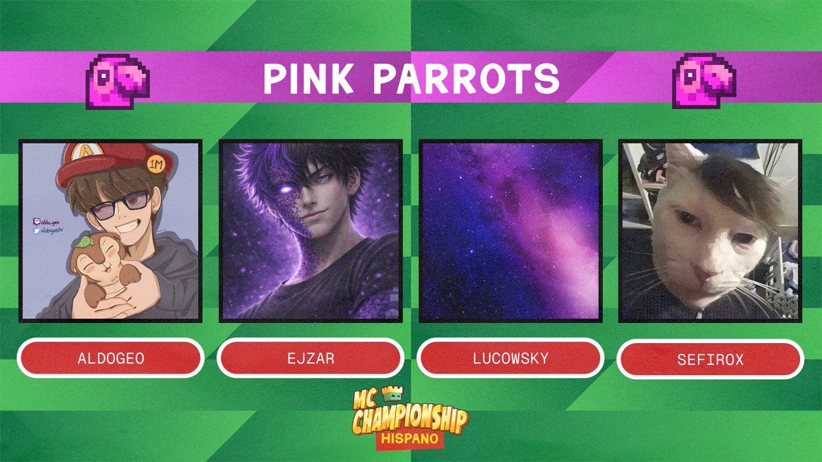 Shadoune666's tweet photo. 👑 Presentamos al Equipo Pink Parrots 👑

@aldogeotv @ejzar_ @lucowskyx @SeFiroox 
 
Apóyalos en el MCC Hispano:
22 de Agosto 📅
2pm 🇲🇽 | 3pm 🇵🇪 🇨🇴  | 4pm 🇨🇱 | 5pm 🇦🇷 | 10pm 🇪🇸 https://t.co/jpaFVtCMfX