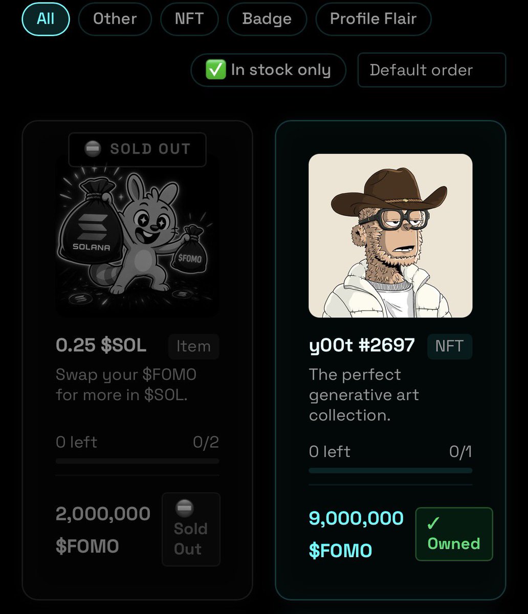 doechialexa's tweet photo. The Marketplace is another layer

You can spend $FOMO on things like real NFTs, badges, profile flair and other item inside the Hub

Some items are limited or sell out, so your activity can eventually translate into things you can actually use or collect
I’ve bought some myself👇 https://t.co/YAsVL5u5mI