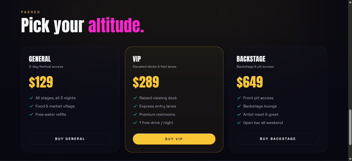 Vicnificient's tweet photo. Been working on this festival website Landing Page, and I’m actually loving how it came together.
The ticket flow might be my favorite part 👀
Still improving, but this one feels good. https://t.co/yJTFycbvZ1