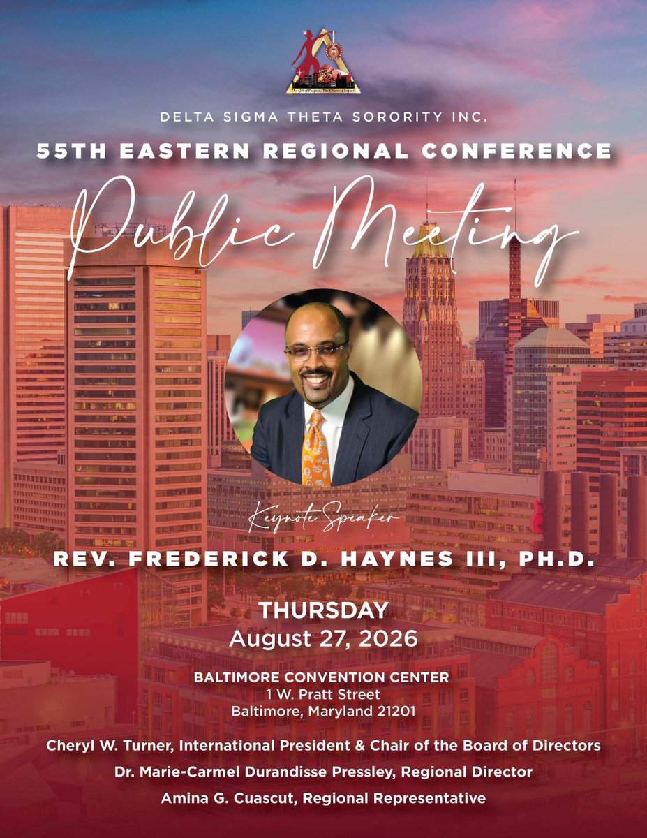 pgcacdst's tweet photo. The Dynamic and Historic Eastern Region of Delta Sigma Theta Sorority, Inc. is 1 week away from the 55th Eastern Regional Conference! We are proud to host Rev. Frederick D. Haynes III, Ph.D as the Keynote Speaker of our free Public Meeting in Baltimore, MD #PGCAC #TheEast #ERC55 https://t.co/ZajV8bOfeC