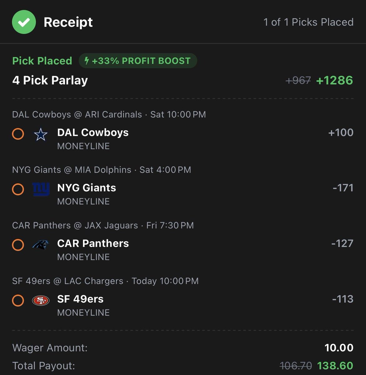 GhostEVplays's tweet photo. ๐ Courtside Mystery and NFL Parlay Boost
๐ +1392 (FV +1139.38)
+EV: 20.40%
Playing: 0.05 Unit Max w/ 44% Boost
๐ +1286 (FV +1139.38)
+EV: 11.85%
Playing: 0.05 Unit Max w/ 33% Boost
#courtside #sports #nfl #football https://t.co/NBSFx5KfKh