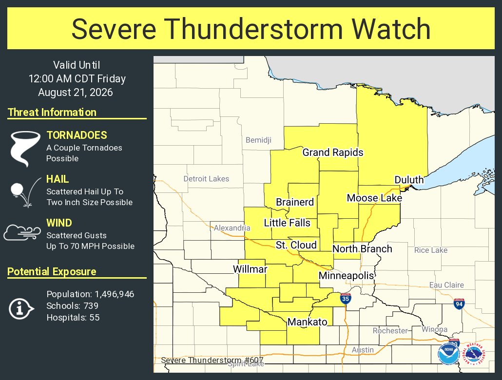 NWSSevereTstorm's tweet photo. A severe thunderstorm watch has been issued for parts of Minnesota until 12 AM CDT https://t.co/xouyXBRkNI