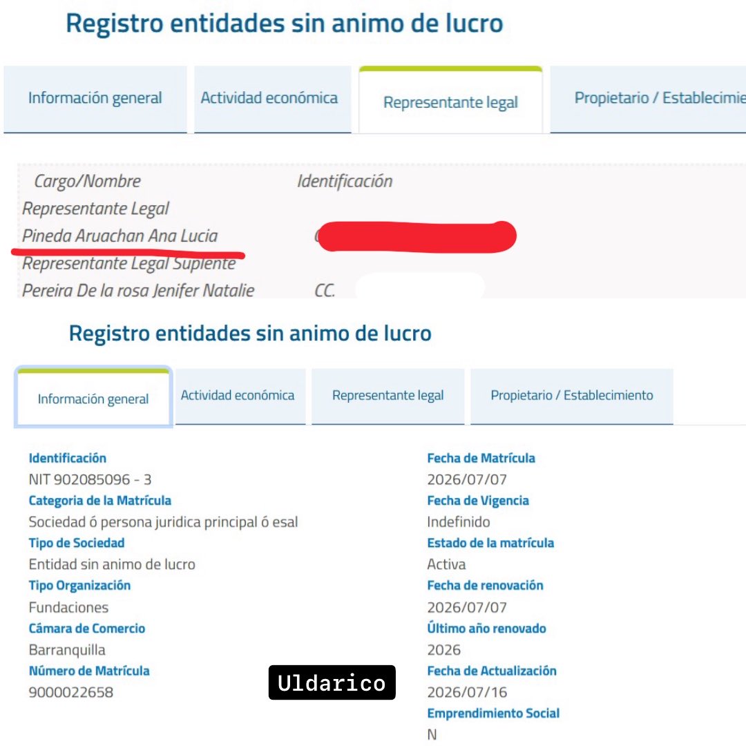 UldaricoRamire's tweet photo. 🚨 ¡Ojo a esto! La primera dama Ana Lucía Pineda creó la "Fundación Colombia Luz y Sonrisas" el 7 de julio y durante la tragedia las donaciones fueron dirigidas a su propia fundación. Todo se queda en la familia presidencial. Esta gente vino a hacer negocios con todo, hasta con la tragedia.