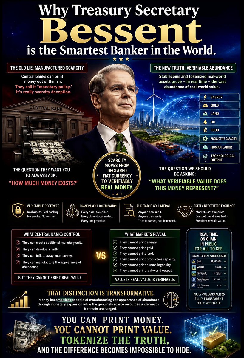 KuwlShow's tweet photo. Treasury Secretary Scott Bessent is the smartest banker on earth. 

Stablecoins destroy the Central Banker’s scarcity deception when sound currencies and tokenized real-world assets prove - in real time - the vastness of real-world value that actually exist in abundance.

The deeper inversion is this:

Scarcity moves from declared fiat currency → to verifiably real money.

A central bank can print additional monetary units. It cannot print energy, gold, land, oil, food, productive capacity, human labor, or technological output into existence.

In a system built around verifiable reserves, transparent tokenization, auditable collateral, and freely negotiated exchange, the question changes from:

“How much money exists?”

to:

“What verifiable value does this money represent?”

That distinction is transformative. Money becomes less capable of manufacturing the appearance of abundance through monetary expansion while the genuinely scarce resources underneath it remain unchanged.

Or reduced to this:

You can print money.
You cannot print value.
Tokenize the truth, and the difference becomes impossible to hide.

@SecScottBessent @USTreasury @federalreserve @WhiteHouse