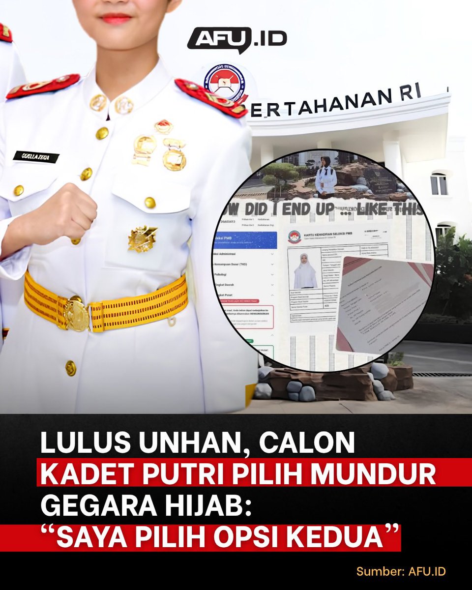 MariaAlkaff_'s tweet photo. Astaghfirullah…😱
Ini beneran…???

Lulus seleksi, tapi memilih mundur. Calon kadet putri Unhan, Asma Wafa Andina, mengaku dihadapkan pada pilihan untuk melepas hijab atau tidak melanjutkan pendidikan. 

Asma menyebut peserta berhijab ditanya soal kesediaan melepas hijab hingga memotong rambut. Ia juga mengaku aturan tersebut tidak tercantum secara spesifik dalam perjanjian. Akhirnya, Asma mengundurkan diri dengan alasan: “tidak bersedia melepas hijab.” 

Pengakuannya kini memicu sorotan publik dan pertanyaan soal transparansi aturan di Unhan. 

Sc: AFU. ID