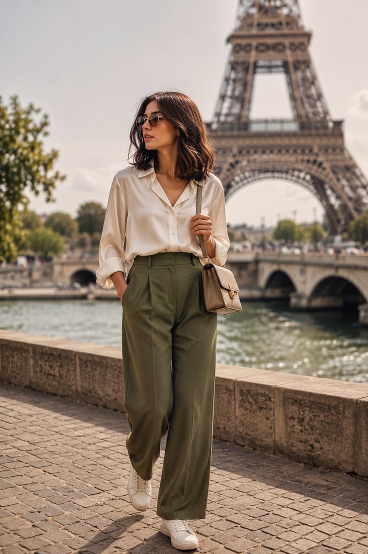 youroudotio's tweet photo. How does the crisp white shirt complement the green pants against the urban backdrop? https://t.co/z5Q6QK7zHO
