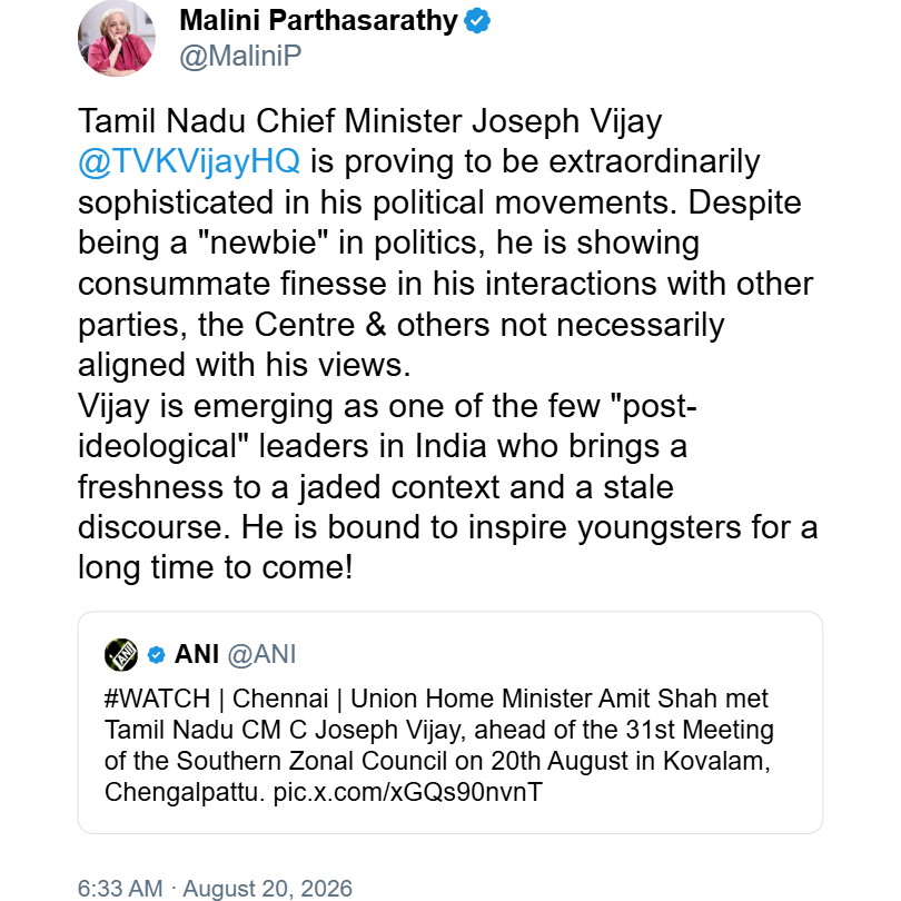 ArunAnnow's tweet photo. Notice how TamBrahms are rallying behind Vijay?

Malini Parthasarathy, Akshitha Nandagopal, Venkataramanan, etc.

It's not that they like Vijay, they view Vijay as a trojan horse for RSS Brahminical naziism in Tamil Nadu

They get to try and seize the monopoly on power they had https://t.co/h3zOalYSiv