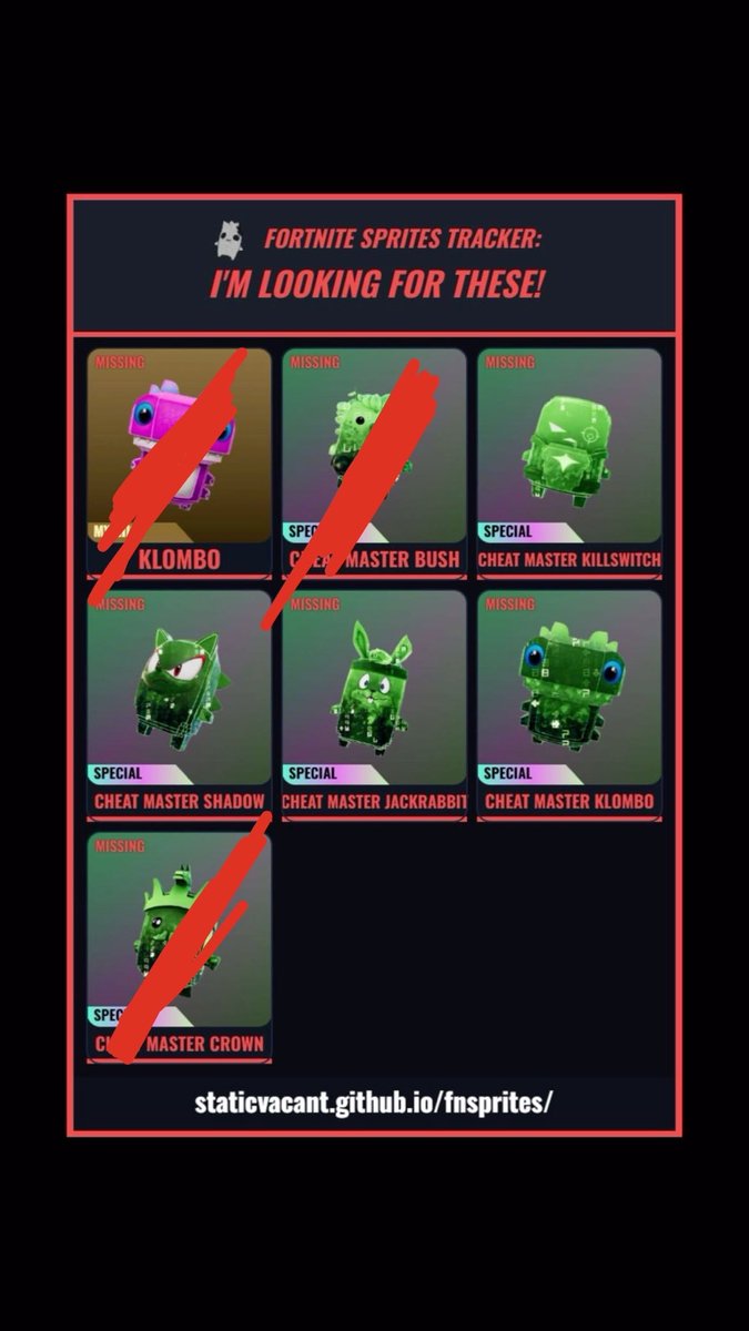 EndProbation's tweet photo. Collection is almost Finished 🥹Dm if You have these 4 Only‼️‼️‼️ #fortnite #Cheatsprites #Sprites https://t.co/TNHldR54o3