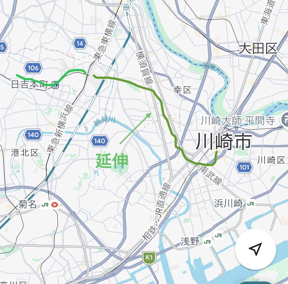 otsukisamaaa's tweet photo. これですね。

グリーンライン、新川崎経由の川崎延伸になったら川崎市民的にはマジでアツいけど、

横浜市民が普通にブチギレそうだし、なさそうですかね。

なにより我々は「"矢向"を人質に取られている」 https://t.co/31eIusqIdU