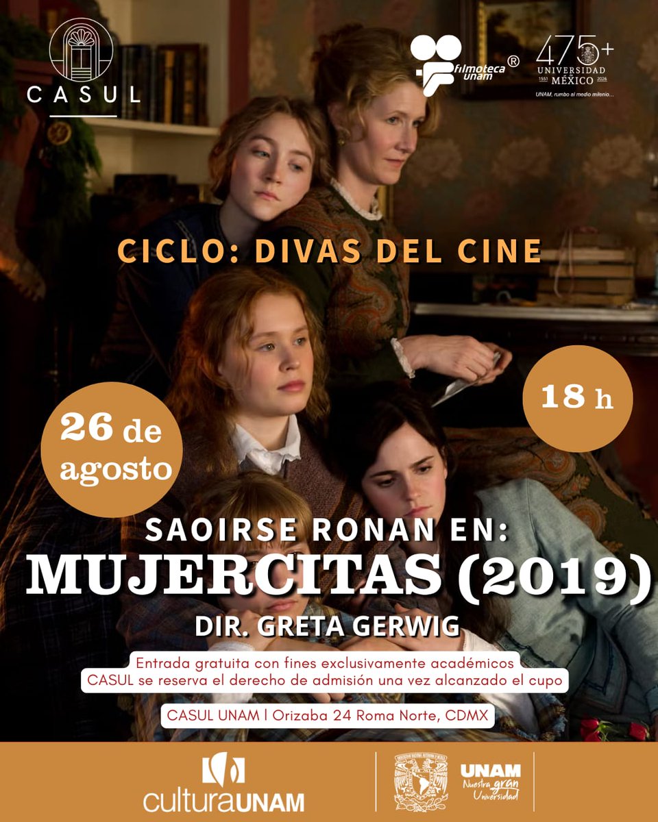 casulunam's tweet photo. ¡Ven a la proyección de «Mujercitas»!🍿 #CineClubCASUL te invita a disfrutar de esta cinta dirigida por Greta Gerwig, adaptación de la famosa novela homónima. ¿Nos acompañas?🎬💖

🗓️ 26 de agosto, 18 h
🎟️ #EntradaLibre
📍 Orizaba 24, Roma Norte, #CDMX

#LittleWomen @FilmotecaUNAM https://t.co/FLoibaXR88
