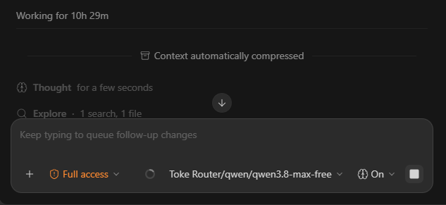 qilua02's tweet photo. Ain’t no way Qwen 3.8 Max ran 10 hours straight for literally $0 wtf 🔥💀

 zero interruptions, untouched rate limits, and bro is still cooking non-stop. https://t.co/IhDMLTxktO