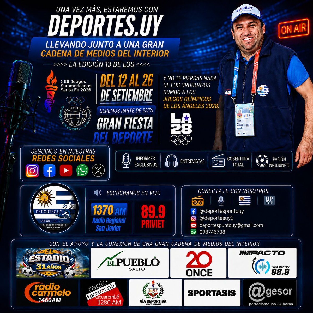 deportesuy2's tweet photo. Comienza el camino a @LA28 y ahí estaremos!!! Primer paso @suramericanos26 ¡Vamos Uruguay!
 🇺🇾🔜🇦🇷🎙️📻 Me acompañaran todos estos medios del interior!!! @OlimpicoUy @UyDeporte https://t.co/JLNKe7da7B