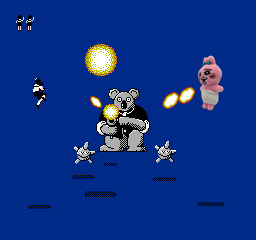 ymopc36809's tweet photo. ついにボスのところまで到達したよ😀
強そうなボスだ😖
ボスの激しい��撃を避けるおぱんちゅとノッコ。
ボスの隙を見て攻撃だ！
頑張って☺️
#おぱんちゅうさぎ
#ファミコン
#アタックアニマル学園 https://t.co/DHqNagerNC