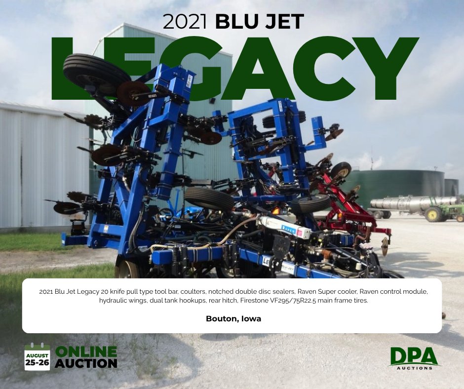 DPAauctions's tweet photo. The 2021 Blu Jet Legacy is set up right — 20 knife, Raven Super Cooler, Raven control module, notched double disc sealers, and hydraulic wings.

View Listing: https://t.co/uA8c9G3l1s

--
#BluJet #Anhydrous #NitrogenApplication #FarmEquipment #BidNow https://t.co/piFsZ8BVeG
