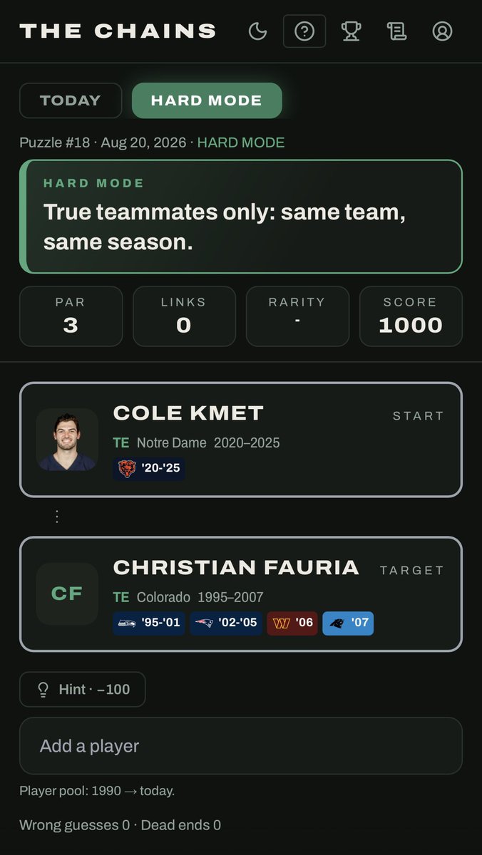 PlayTheChains's tweet photo. The Chains Hard Mode #18 8/20/2026
True teammate links only. Par 3.

This is for the real sickos. Let us know if you got ball knowledge like that 👇

Play now at https://t.co/IqOeMpZ5pV https://t.co/sHdxgvF1CC