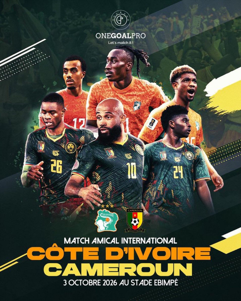 JoueursCMR's tweet photo. 🔴 OFFICIEL ! 

La Cameroun affrontera la Côte d’Ivoire en match amical à Abidjan le 3 octobre prochain.🇨🇲🇨🇮 https://t.co/Jv6rJkFULV