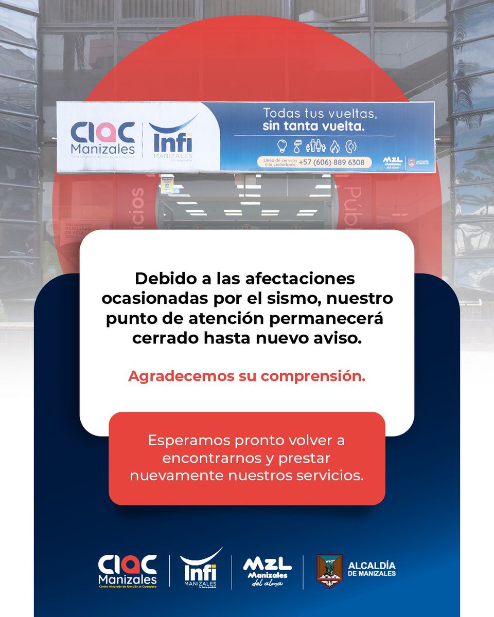 Infi_Manizales's tweet photo. Información importante🚨
Seguimos trabajando para garantizar la atención y el acompañamiento a nuestra comunidad durante este momento.
Agradecemos su comprensión mientras retomamos nuestro servicio habitual.
#InfiManizales #AlcaldíaDeManizales #MZLDelAlma #CIAC https://t.co/juKiwzd46B
