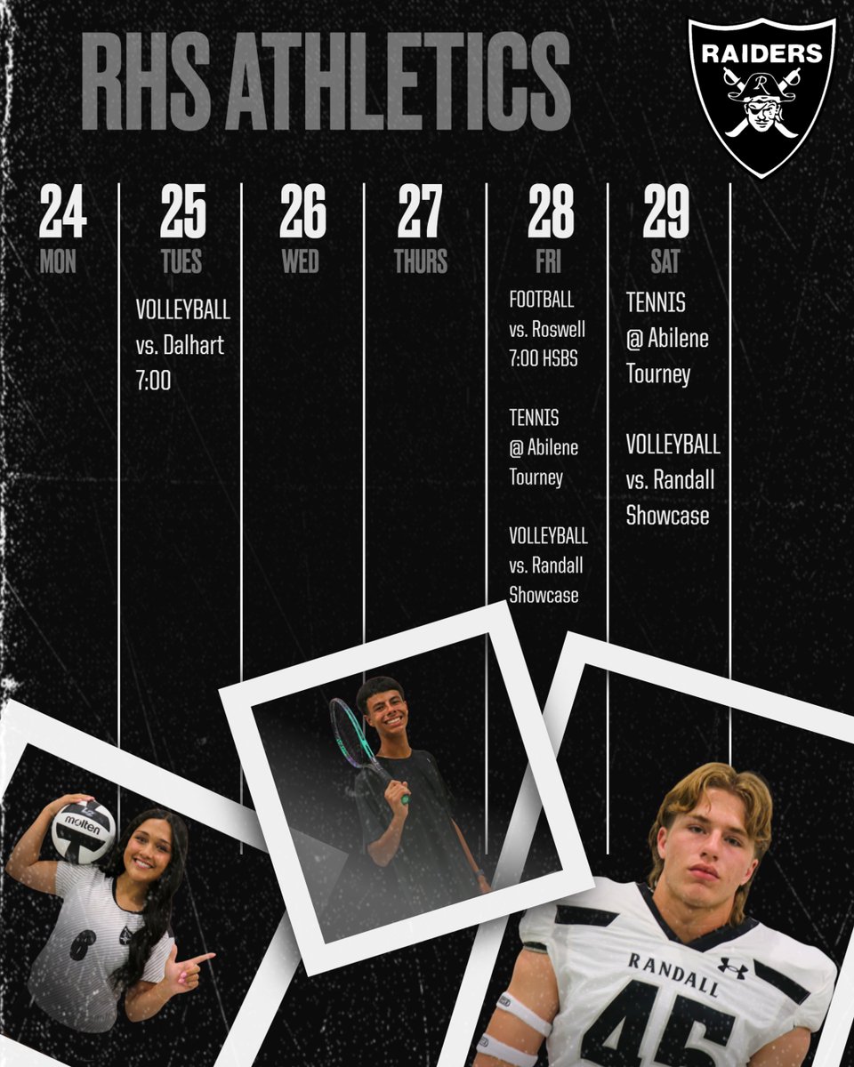 CanyonAthDept's tweet photo. Good luck to all Randall High School athletes competing this week!
@RHSRaiderFB
@randallvball
@RandallTennis 
@RHS_Scoreboard https://t.co/7e7YP0JD6c