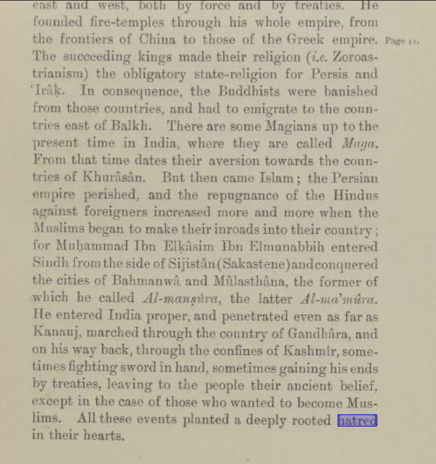 TrueIndology's tweet photo. In all Hindu literature, starting from 11h century to 20th century, from Kashmir to Kanyakumari, Muslim rulers were equated to Asuras and Rakshasas.

This idiot here claims hatred towards Mughals is colonial construct.

Here is Alberuni in 11th century saying Hindus carried "deeply rooted hatred against Muslims in their hearts" because Mahmud Ghanzavi "utterly destroyed India"