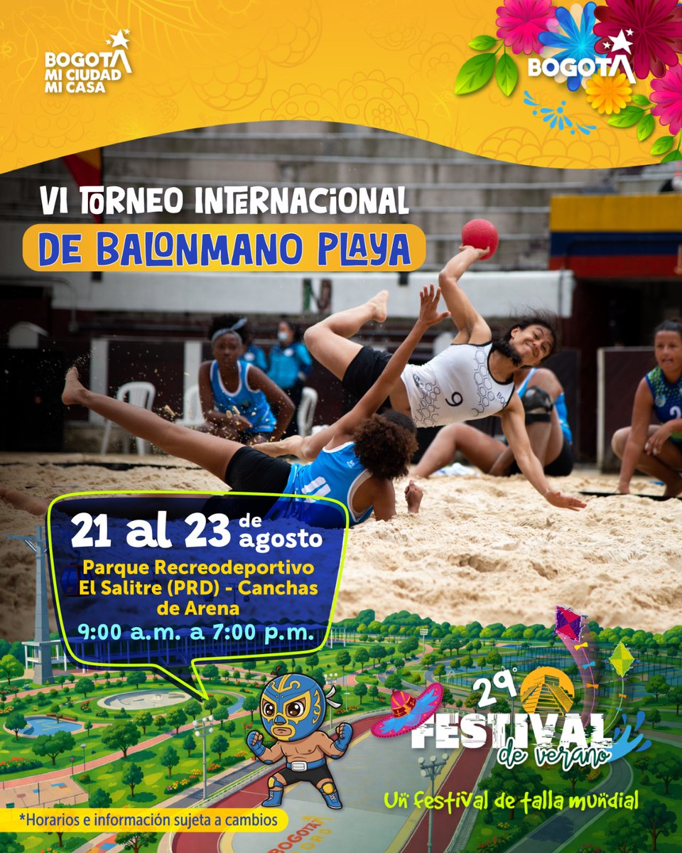 IDRD's tweet photo. La emoción, los saltos y la adrenalina del VI Torneo Internacional de Balonmano Playa llegan al 29° Festival de Verano de Bogotá.

Ven a apoyar a los mejores equipos y a disfrutar de un evento deportivo de talla mundial. ¡Entrada libre para vivir la fiesta del deporte!

📅 Fecha: Del 21 al 23 de agosto
⏰ Hora: 9:00 a.m. a 7:00 p.m.

📍 Lugar: Parque Recreodeportivo El Salitre (PRD) – Canchas de Arena.

#UnFestivalDeTallaMundial
#AquíSíPasa, Bogotá, mi ciudad, mi casa.