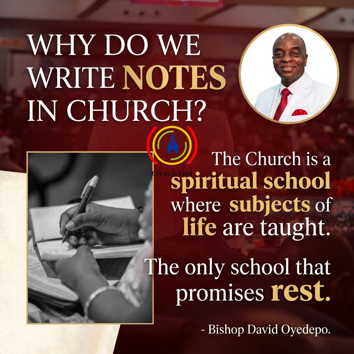 therealchurchg1's tweet photo. Why Do We Write Notes In Church?

The Church Is A Spiritual School Where Subjects Of Life Are Taught

The Only School That Promises Rest

 - Bishop David Oyedepo 

#ChurchGist https://t.co/gz6cczW5RL