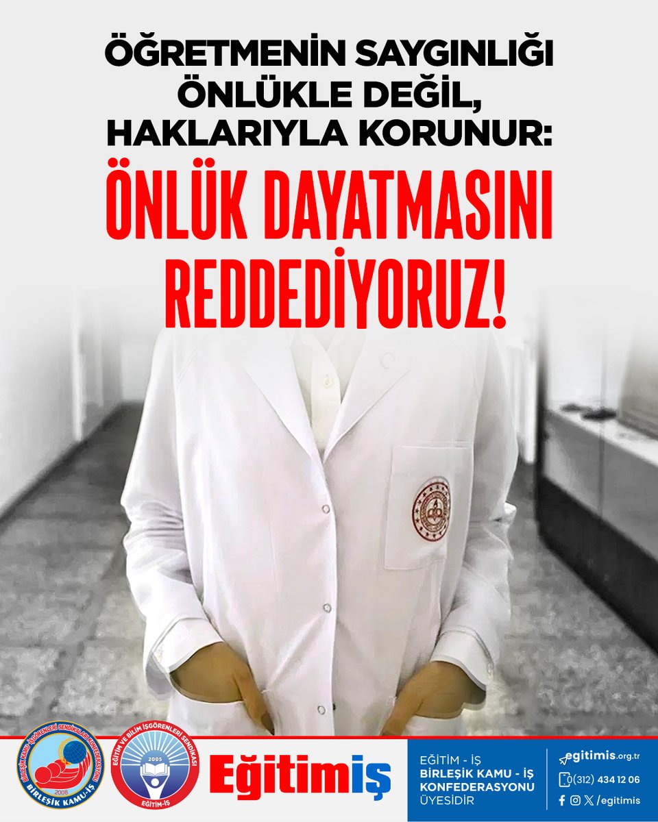 egitimisorg's tweet photo. Milli Eğitim Bakanlığının 81 ile gönderdiği 2026-2027 Eğitim ve Öğretim Yılına İlişkin İş ve İşlemler Genelgesi, siyasi iktidarın eğitimi bilimsel ve pedagojik ilkelerden uzaklaştırarak ideolojik kalıba sokma çabasının yeni bir örneğidir.

Eğitim-İş olarak, eğitimin kronikleşmiş sorunlarına çözüm üretmek yerine öğretmeni daha fazla denetleyen, eğitim süreçlerini merkezî talimatlarla kuşatan ve yönetmeliklerle düzenlenmiş alanlarda dahi yeni yükümlülükler yaratmaya çalışan genelgeye karşı dava açtığımızı kamuoyuna duyururuz.

Kılık-kıyafet eylem kararımızın arkasındayız; bu dönemde alacağımız eylem kararını önlük dayatmasını da kapsayacak şekilde genişleteceğiz. İl ve ilçe milli eğitim müdürlükleri ile okul idarelerinin olası baskı ve dayatmalarına karşı hiçbir üyemizi yalnız bırakmayacağız.

Genelgede yer alan kılık-kıyafet ve önlük dayatması, öğretmenlerin mesleki özerkliğine ve kişisel yaşam alanına açık bir müdahaledir. Hukuki veya pedagojik hiçbir karşılığı olmayan “toplumsal hassasiyet” gibi muğlak kavramların arkasına sığınılarak belirli bir yaşam tarzı hedef alınmaktadır.

Öğretmenler açlık ve yoksulluk sınırında yaşam mücadelesi verirken, okullarda temizlik ve güvenlik personeli yokken, çocuklarımız okula aç gelip giderken, öğretmenler ücretli-sözleşmeli gibi çalışma koşullarıyla sömürülürken Bakanlığın öncelikli meselesinin kılık-kıyafet olması kabul edilemez.

Açıklamanın tamamını okumak için tıklayınız:
https://t.co/seZpnkXF1L