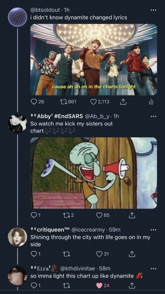 tksovers's tweet photo. POV : its 2020 and you're seeing Armys Dynamite version cause it keeps blocking LGO from the charts https://t.co/bgiLlNQAWP