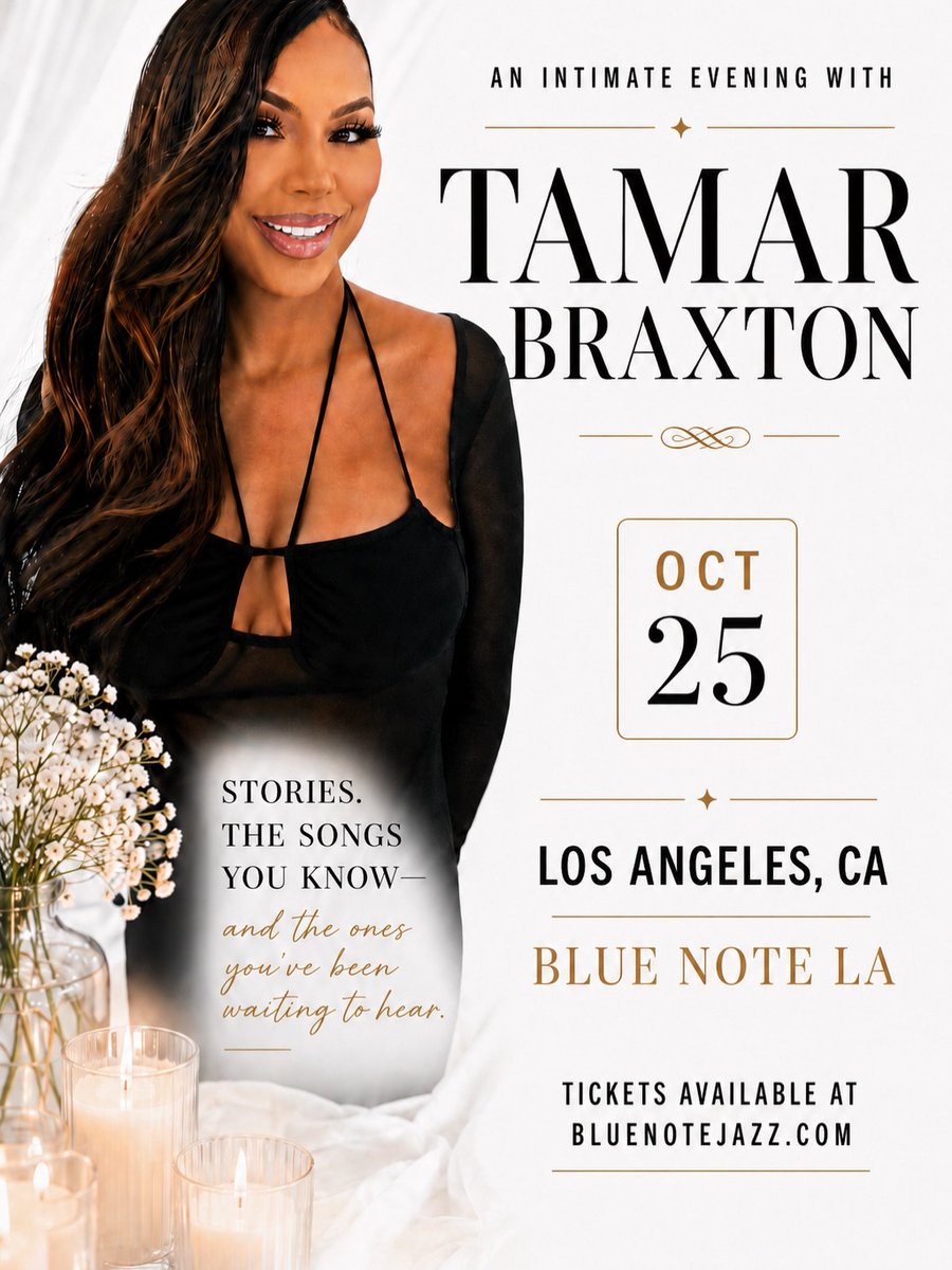 KimScott861759's tweet photo. New date just added..An Intimate Evening with Tamar Braxton at Blue Note LA on October 25.

The stories. The songs you know. And a few you’ve been waiting to hear. Just her, the music, and us up close.

🎟 Tickets available at https://t.co/HrekkFNalE https://t.co/t9LIDGQP32
