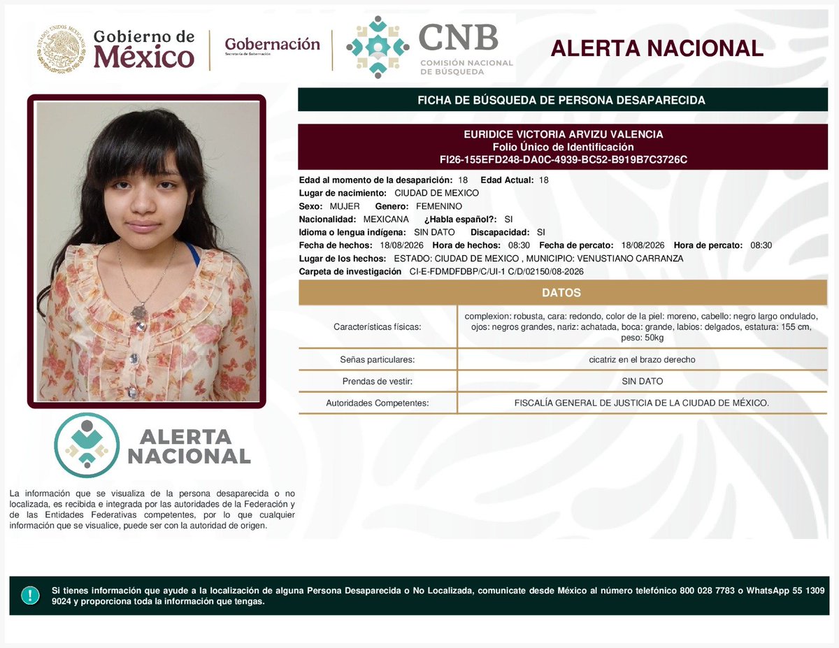 MetroCDMX's tweet photo. Si tienes información para localizar a las siguientes personas: 

- Christopher Bruno Merino Ortiz 
- Naomi Sayuri Castelán Mejía 
- Daniel León Gómez 
- Euridice Victoria Arvizu Valencia 

Comunícate con la Comisión de @Busqueda_MX, mediante el número telefónico:
☎️ 800 028 7783 

Agradecemos tu apoyo y colaboración. #AlertaNacionalDeBúsqueda