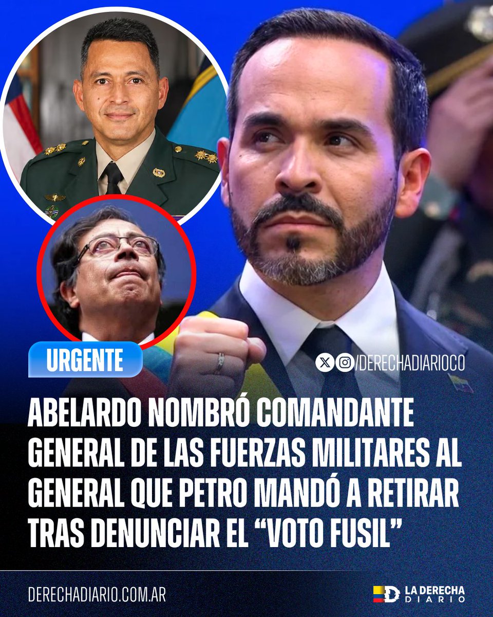 DerechaDiarioCO's tweet photo. 🚨🇨🇴 | URGENTE — LO LLORA PETRO: El presidente Abelardo De La Espriella nombró al Mayor General Erick Rodríguez Aparicio como nuevo Comandante General de las Fuerzas Militares, el mismo general que Petro mandó a retirar después de que denunciara públicamente el llamado “voto fusil” y expusiera cómo las disidencias de alias “Calarcá” e “Iván Mordisco” carnetizaban y presionaban a comunidades de Meta y Guaviare para votar a favor de Iván Cepeda.