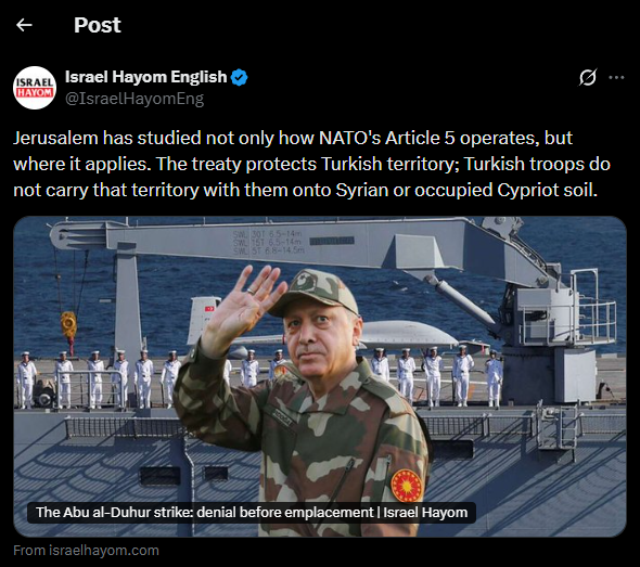 clashreport's tweet photo. Miriam Adelson-owned Israel Hayom reports that Israel has “studied” how NATO’s Article 5 works and claims that Israel could attack Turkish troops without triggering NATO intervention.

Miriam Adelson is a pro-Israel megadonor who has donated millions of dollars to Trump’s election campaigns.