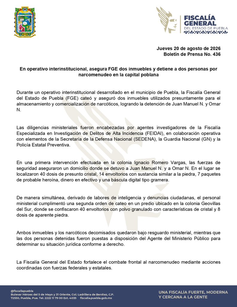 FiscaliaPuebla's tweet photo. En un operativo interinstitucional en el municipio de Puebla, la Fiscalía General del Estado de Puebla cateó y aseguró dos inmuebles presuntamente utilizados para el almacenamiento y comercialización de narcóticos, además de detener a Juan Manuel N. y Omar N., por su probable participación en delitos contra la salud, en su modalidad de narcomenudeo.

#FiscalíaInforma | https://t.co/RXYSi8i2pU