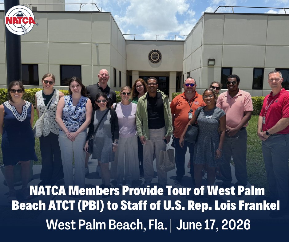 NATCA's tweet photo. NATCA members at West Palm Beach ATCT (PBI) provided a tour and briefing to ten staff members of @RepLoisFrankel (Fla.-22) on June 17, 2026. The group discussed operations at PBI, including staffing and equipment upgrades. https://t.co/hxRpOqrljY https://t.co/dM4UQWCcAf